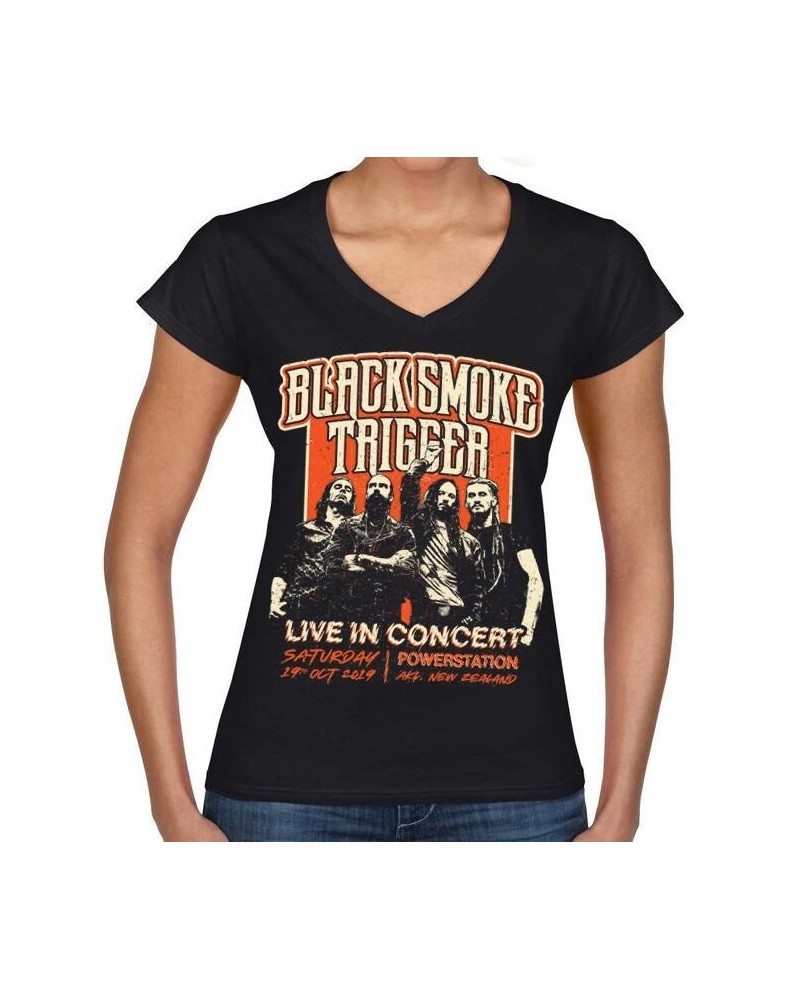 Black Smoke Trigger Retro Live In Concert Ladies V-Shirt - Orange/Cream $10.32 Shirts